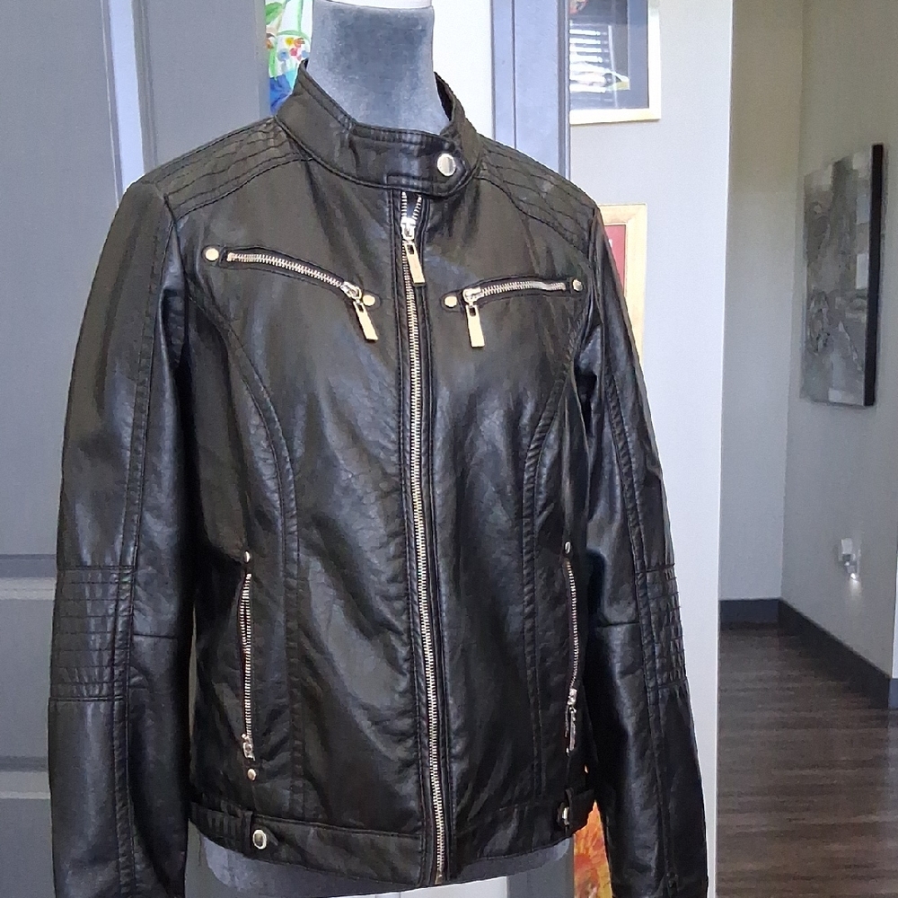 Jou Jou Women's Black Leather Jacket with Gold Accents